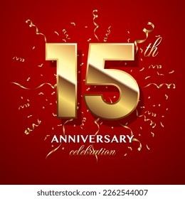 15th Anniversary Celebration. logo design with golden numbers and text for birthday celebration event, invitation, wedding, greeting card, banner, poster, flyer, brochure. Logo Vector Template