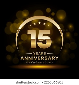 Celebración del 15° Aniversario. Diseño de logotipos con anillo de oro y texto para la celebración del aniversario, invitación, boda, tarjeta de saludo, banner, afiche, volante, folleto. Plantilla de vectores de logotipos