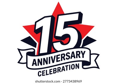 15th Anniversary Celebration Logo Design Featuring Bold Red and Navy Blue Color Palette with Sharp Typography and Dynamic Starburst Accents