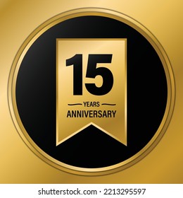 15th Anniversary Celebration Logo. Gold Elegant Anniversary Template Design, Vector template logo badge