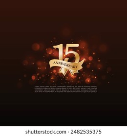 Logotipo de la celebración del 15° aniversario, evento de la celebración del 15° aniversario, signo realista 3d, estrellas, elegante fondo oscuro, ilustración festiva, número dorado 15 confeti brillante, 16
