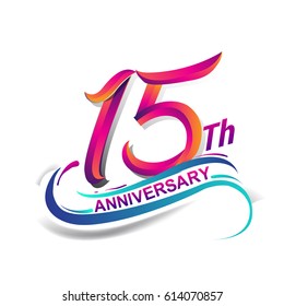 15th anniversary celebration logotype blue and red colored. fifteen years birthday logo on white background.