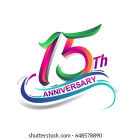 15th anniversary celebration logotype green and red colored. fifteen years birthday logo on white background.