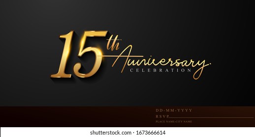 Logotipo de celebración del 15º aniversario con diseño elegante de color dorado de escritura a mano aislado en fondo negro. aniversario vectorial para celebración, tarjeta de invitación y tarjeta de saludo.