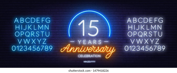 15th anniversary celebration neon sign on dark background. Neon alphabet . Template for invitation or greeting card.