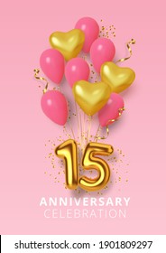 Celebración del 15° Aniversario Número en forma de corazón de globos dorados y rosados. Números realistas de oro 3d y confeti brillante, serpentino. Ilustración vectorial.