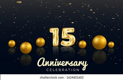 15th Anniversary celebration Vector background by using two colors in the design between gold and red, Golden number 15 with Realistic 3d sign & gold Sphere for Birthday or wedding party 