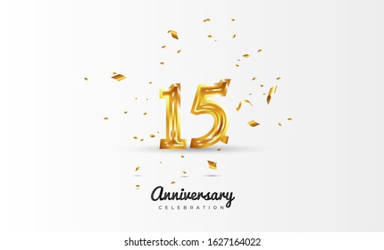 15th Anniversary celebration Vector background by using two colors in the design between gold and white, Golden number 15 with sparkling confetti Realistic gold 3d sign. Birthday or wedding party