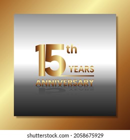 15th anniversary, anniversary celebration vector design with gold color on silver and gold background with square shape.