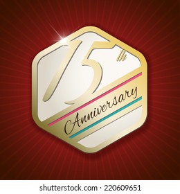 15th Anniversary - Classy and Modern golden emblem / Seal / Badge - vector illustration on read rays background