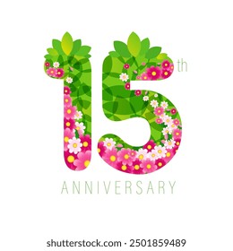 Concepto creativo del 15 aniversario. 15 años de edad con fondo vegetal y máscara de recorte. Diseño floral. Flores rosadas 3D y hojas verdes. Lindo número 1 y 5. Icono de Festiva. Plantilla de Anuncio festivo.