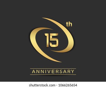 15th anniversary design with double swoosh golden color isolated on black background for celebration