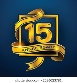 15th Anniversary diseña una cinta dorada envuelta alrededor del número '15' sobre un fondo azul oscuro. Perfecto para celebrar hitos o promover eventos de aniversario con un lujo.