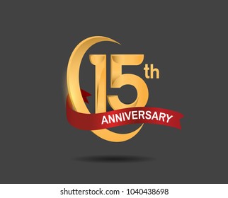 15th anniversary design logotype golden color with ring and red ribbon for celebration