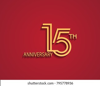 15th anniversary design logotype with line style golden color for celebration event isolated on red background