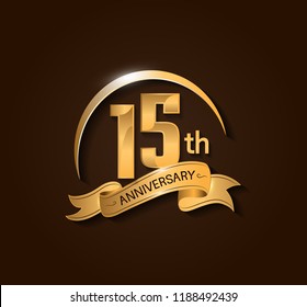 15th Anniversary design logotype. Anniversary logo design with swoosh and elegance golden ribbon. Vector template for use celebration, invitation card, and greeting card