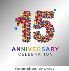 15th anniversary design logotype paper hearts multi-color for celebration