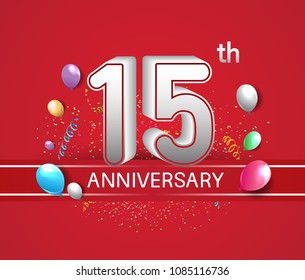 15th anniversary design red background with balloons and confetti for company celebration event 
