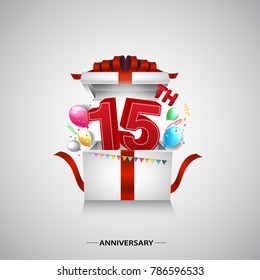 15th anniversary design with red number inside gift box isolated on white background for celebration event