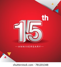 15th anniversary design with white number  on red background and confetti for celebration