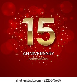 15th Anniversary. Golden number 15 with sparkling confetti and glitters for celebration events, weddings, invitations and greeting cards. Realistic 3d sign. Vector festive illustration