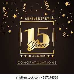 15th anniversary golden rectangle logo on brown background.