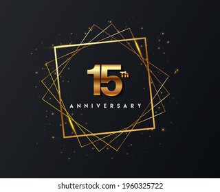 15th anniversary logo with confetti and golden frame isolated on black background, vector design for greeting card and invitation card.