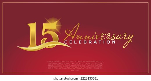  15th anniversary logo with confetti golden colored text isolated on red background, vector design for greeting card and invitation card