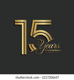 15th Anniversary Logo Design. Fifteen Years Celebrating Anniversary Logo In Gold Color For Celebration Event, Invitation, Greeting, Web Template, Flyer, Banner, Double Line Logo, Vector Illustration