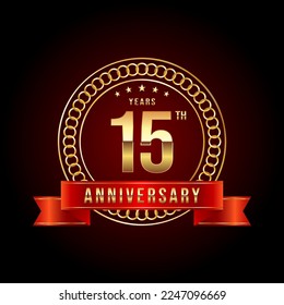 15th Anniversary. Anniversary logo design with gold color text and red ribbon for anniversary celebration event. Logo Vector Illustration