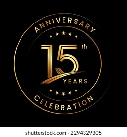 15th Anniversary. Anniversary logo design with gold color ring and text for anniversary celebration events. Logo Vector Template