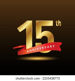 15th anniversary logo design with golden numbers and red ribbon. Logo Vector Template