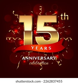 15th Anniversary logo design with golden numbers and red ribbon for anniversary celebration event, invitation, wedding, greeting card, banner, poster, flyer, brochure, book cover. Logo Vector Template