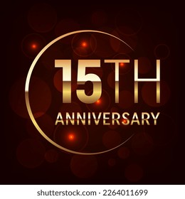 15th Anniversary logo design with golden number and text for anniversary celebration event, invitation, wedding, greeting card, banner, poster, flyer, brochure, book cover. Logo Vector Template