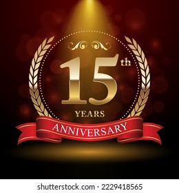 15th Anniversary. Anniversary logo design with Laurel wreath and red ribbon for celebration event, wedding, invitation, greeting card. Vector illustration