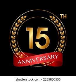 15th Anniversary. Anniversary Logo Design with Laurel Wreath and Red Ribbon for Celebration Event, Wedding, Invitation, Greeting Card. Logo Vector Illustration