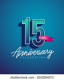 15th Anniversary Logo Design With Ribbon, Elegant Anniversary Logo With Blue Color, Design for banner and invitation card of anniversary celebration.