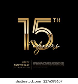 15th anniversary logo with double line style. Gold line art design. Logo Vector Template