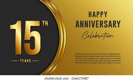 Logo del 15º aniversario con color oro para folletos, volantes, revistas, afiches de folletos, banners, web, invitaciones o tarjetas de felicitación. Ilustración vectorial.