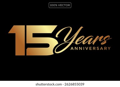 15th anniversary logo gold color on black background for celebration. Vector decorative design