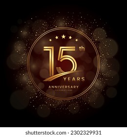 Logo del 15º aniversario con estilo de doble línea dorado decorado con brillo y confit Vector EPS 10