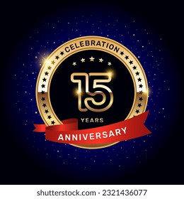 15th anniversary logo with gold numbers and red ribbon, vector template