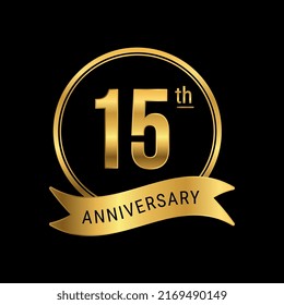 15th anniversary logo golden color for celebration event, wedding, greeting card, invitation, round stamp