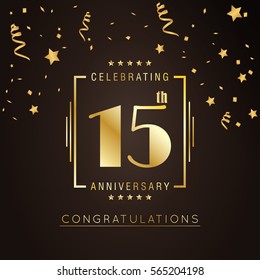 15th anniversary logo with golden rectangle vector template for birthday celebration.