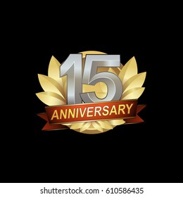 15th Anniversary logo with golden wreath, silver number, red ribbon, black background