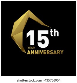 15th anniversary logo with modern gold shape. Anniversary signs illustration. Gold anniversary logo design and illustration