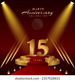 15th anniversary logo with numbers and podium in gold color, logo design for celebration event, invitation, greeting card, banner, poster, and flyer, vector template