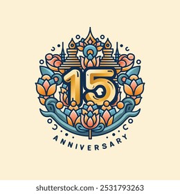 Logotipo del 15º aniversario sobre un fondo pastel crema y marrón, con un '15' dorado rodeado de flores de loto y estupas tailandesas. Suave mezcla de naranja, verde azulado y oro para reflejar la elegancia y la cultura.