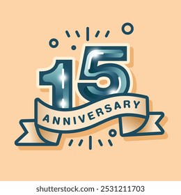 Logotipo del 15º aniversario sobre un fondo pastel marrón crema, diseñado en un estilo plano. La celebración presenta el número con una cinta de Vector de tonos a juego y Elementos de diseño de fondo simples.