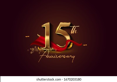 Logo del 15º aniversario con cinta roja y confeti dorado aislado en elegante fondo, brillo, diseño vectorial para tarjeta de felicitación y tarjeta de invitación.